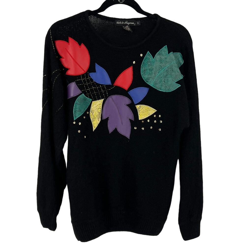 Vtg Work In Progress Knit Tunic Sweater‎ 90's Sequins Leaves Silk Angora Small